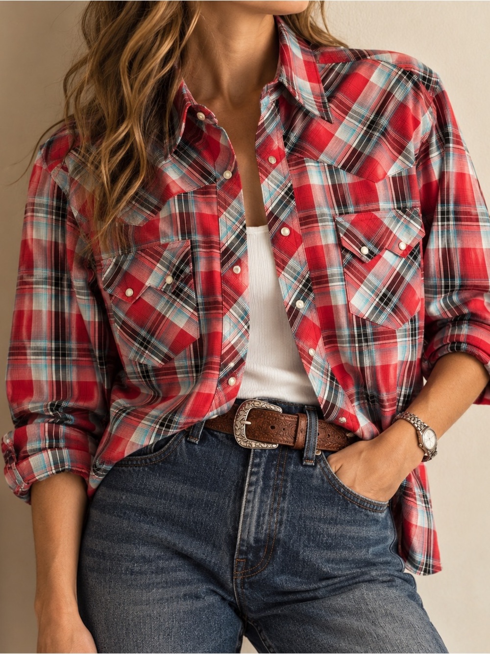 Wrangler Western Pearl Snap Shirt XL Red Plaid Cowboy Rodeo